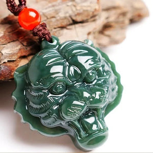 Green Hetian Carved Jade Tiger Head Pendant Necklace for Men