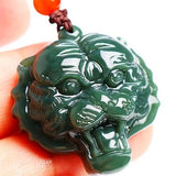 Green Hetian Carved Jade Tiger Head Pendant Necklace for Men