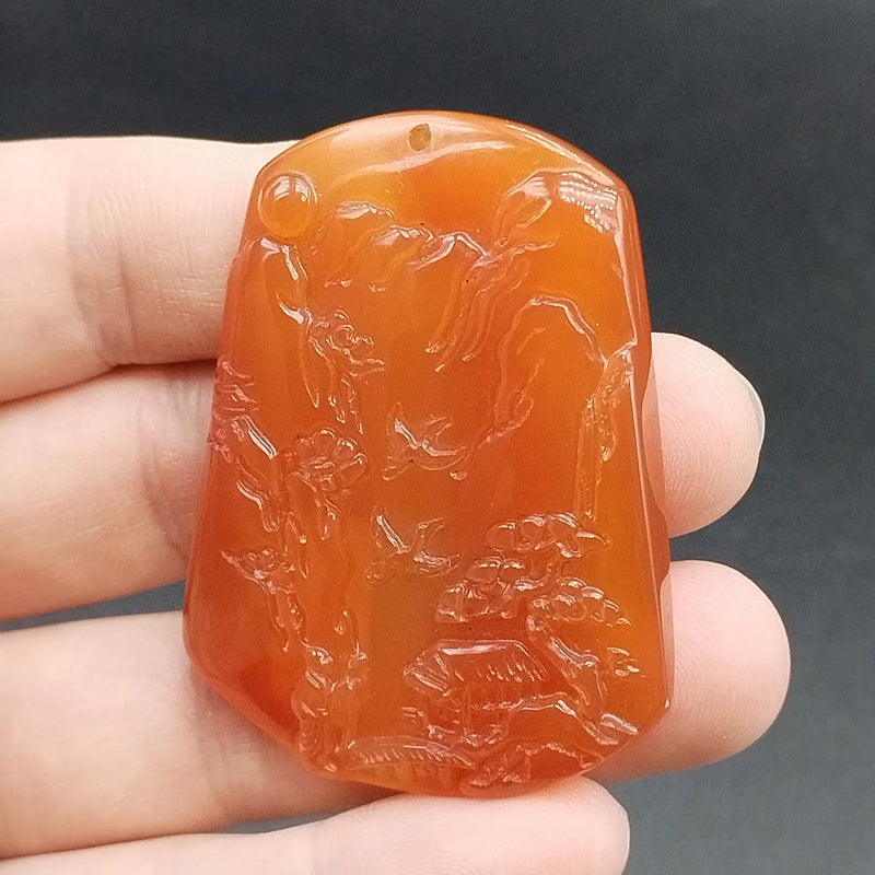Red Agate Chalcedony Carved Landscape Painting Pendant