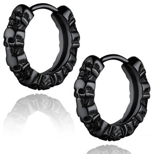 Gothic Skull Earrings, Halloween Retro Hoops, Stainless Steel/Gold/Black