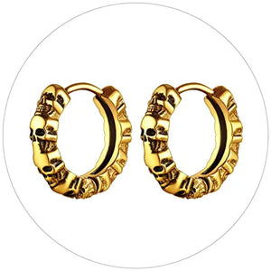 Gothic Skull Earrings, Halloween Retro Hoops, Stainless Steel/Gold/Black