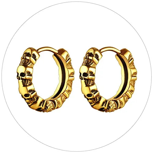 Gothic Skull Earrings, Halloween Retro Hoops, Stainless Steel/Gold/Black