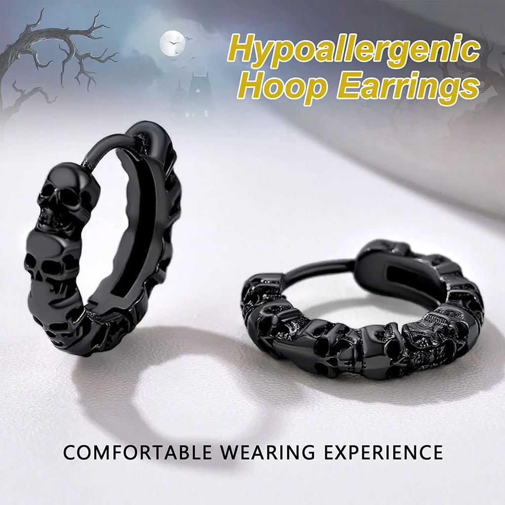 Gothic Skull Earrings, Halloween Retro Hoops, Stainless Steel/Gold/Black