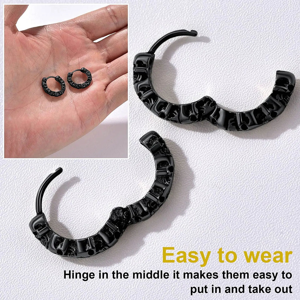 Gothic Skull Earrings, Halloween Retro Hoops, Stainless Steel/Gold/Black