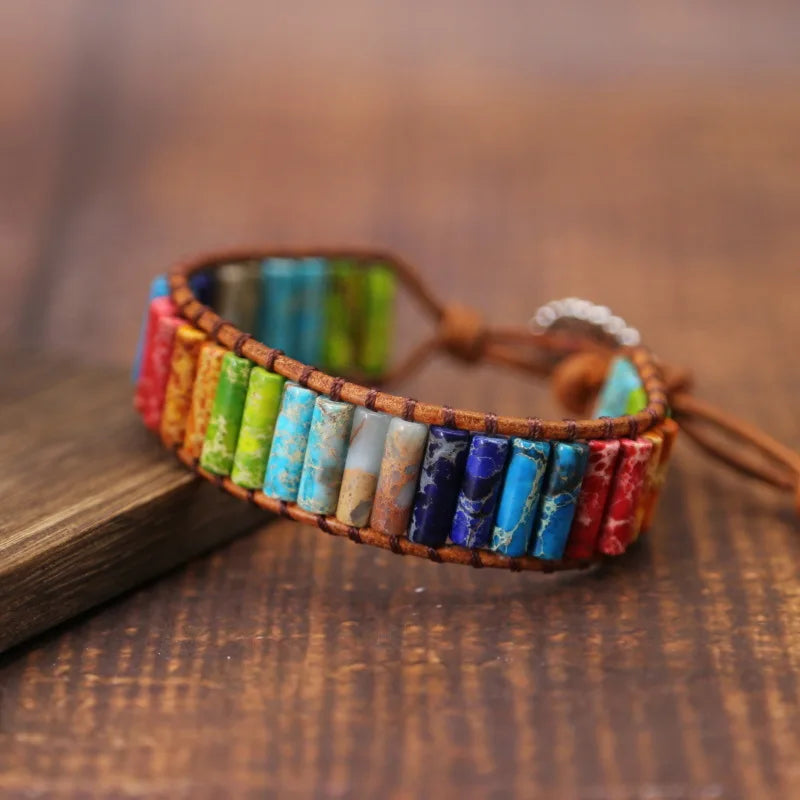 Chakra Bracelet Natural Stone Beads Leather Wrap Couples Friendship