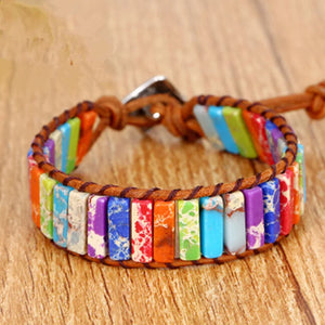 Chakra Bracelet Natural Stone Tube Beads Leather Wrap Bracelet