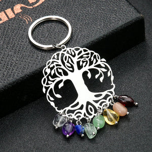Chakra Tree of Life Keychain with Crystal Stone Pendant