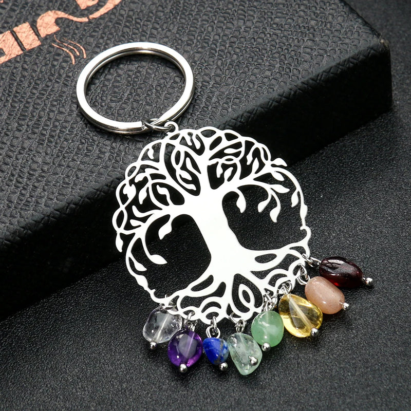 Chakra Tree of Life Keychain with Crystal Stone Pendant