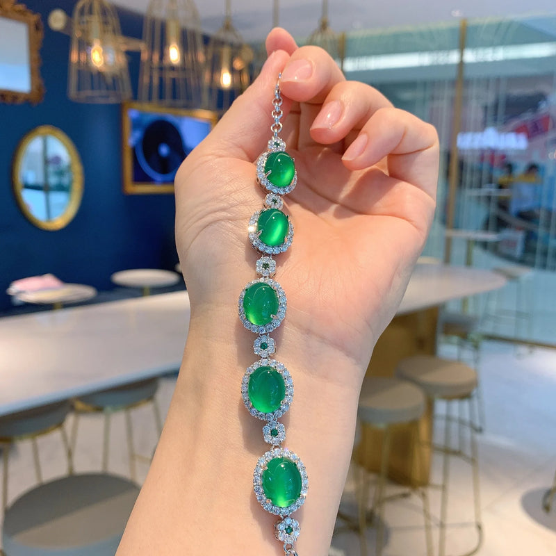 Chalcedony Emerald Green Evil Eye Bracelet 925 Sterling Silver