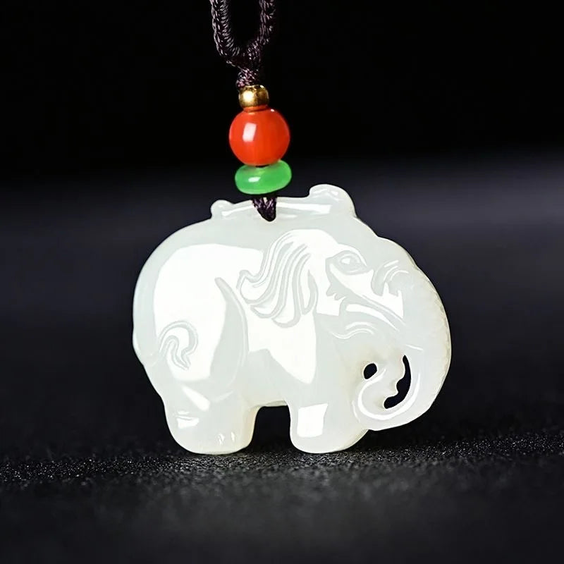 Chalcedony Jade Elephant Necklace Natural Pendant Amulet Sweater Chain