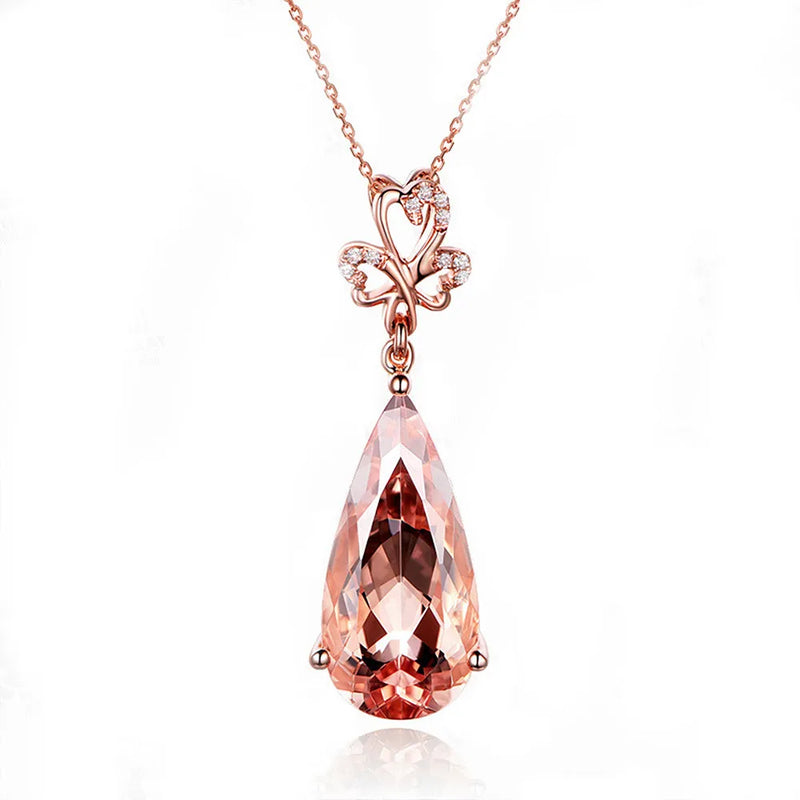 Champagne Pink Crystal Morganite Diamond Pendant Necklace 18k Rose Filled