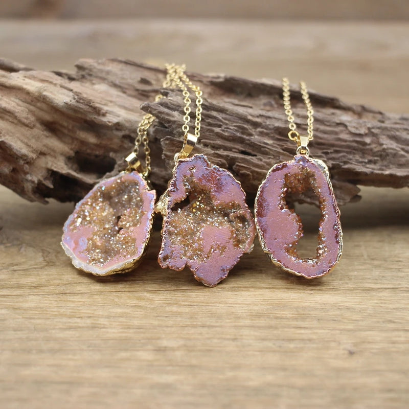 Champagne Titanium Natural Quartz Geode Druzy Pendant Necklace