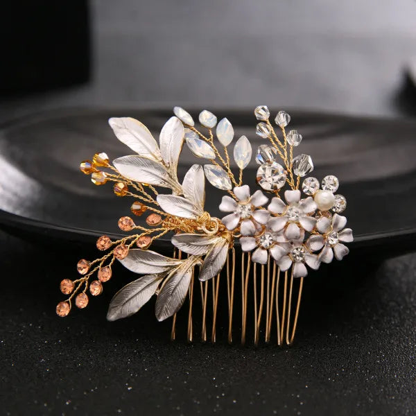 Champagne Crystal Flower Bride Headbands Hair Comb Princess Wedding Hairband