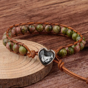6mm Dark Stone Beaded Heart Bracelet Leather Cord Jewelry
