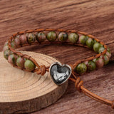 6mm Dark Stone Beaded Heart Bracelet Leather Cord Jewelry