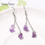 Amethyst Crystal Gravel Stainless Steel Drop Earrings