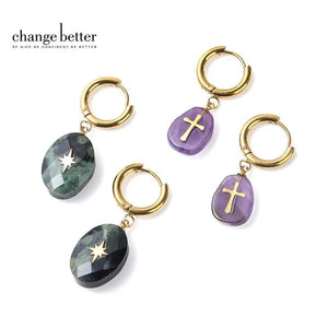 Natural Amethyst Crystal Stone Hoop Earrings Reiki Healing Cross Studs