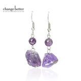 Amethyst Rough Stone Drop Earrings - Stainless Steel Rose Quartz