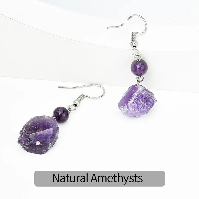 Amethyst Rough Stone Drop Earrings - Stainless Steel Rose Quartz