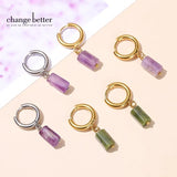Aquamarine Cylinder Drop Earrings Amethyst Stainless Steel Ear Studs