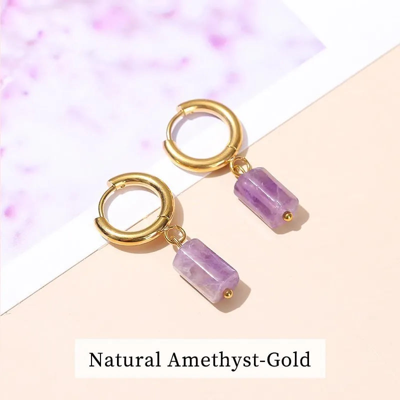Aquamarine Cylinder Drop Earrings Amethyst Stainless Steel Ear Studs