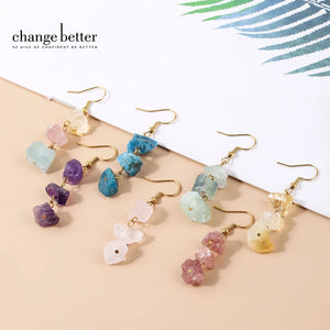 Raw Stone Pink Quartz Amethyst Dangle Earring Women Charm Necklace Set