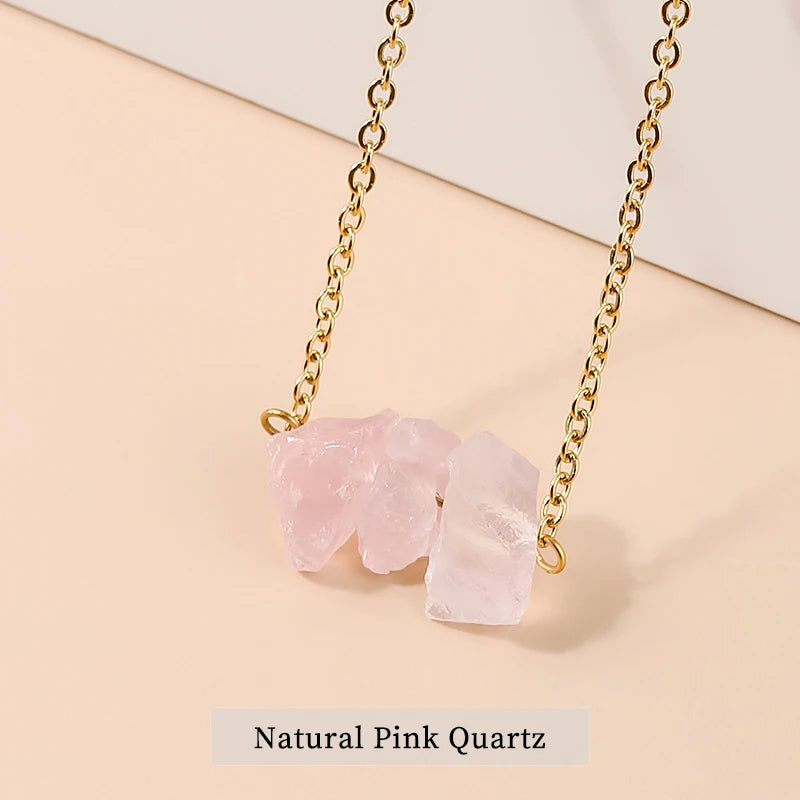 Raw Stone Pink Quartz Amethyst Dangle Earring Women Charm Necklace Set