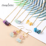 Raw Stone Pink Quartz Amethyst Dangle Earring Women Charm Necklace Set