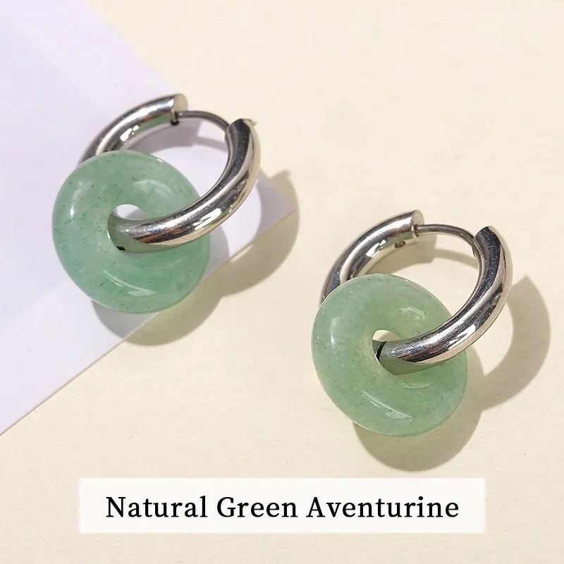 Natural Stone Donut Shape Stainless Steel Hoop Earrings