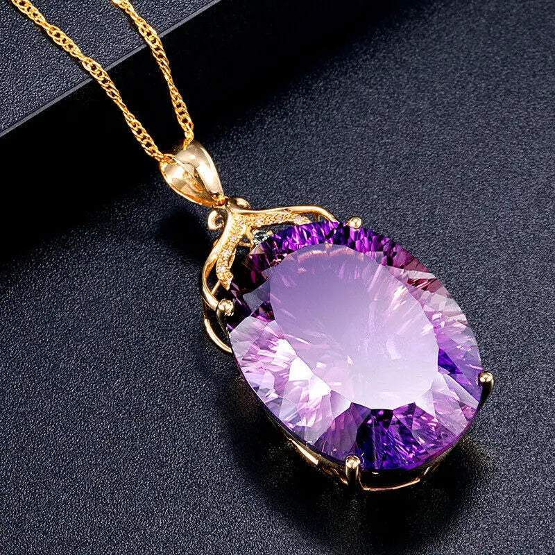 18k Plated Crystal Pendant Necklace with Amethyst Oval for Women