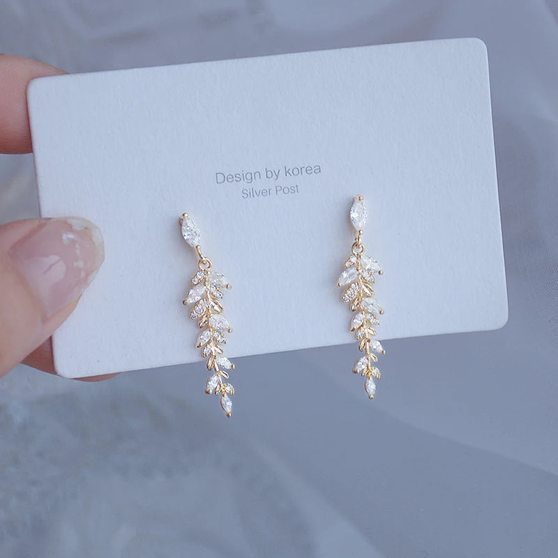 18k Real Leaf Earrings Zirconia Stud Crystal Wedding Ring Pendant