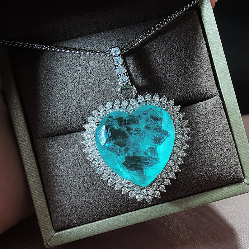Heart-Shaped Paraiba Tourmaline Emerald Gemstone Pendant Necklace