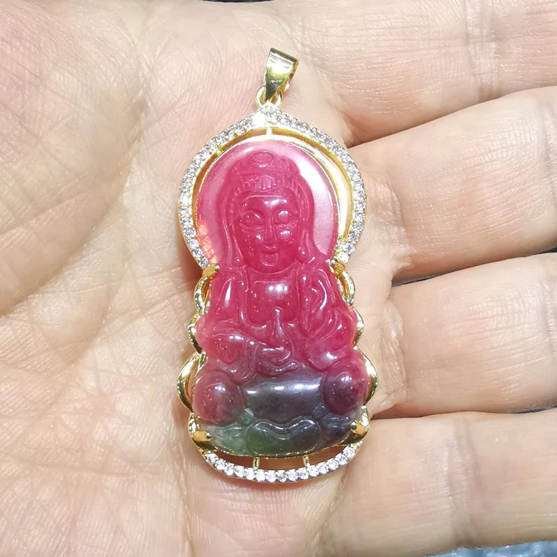 Kwan Yin Strawberry Green Jade Stone Pendant