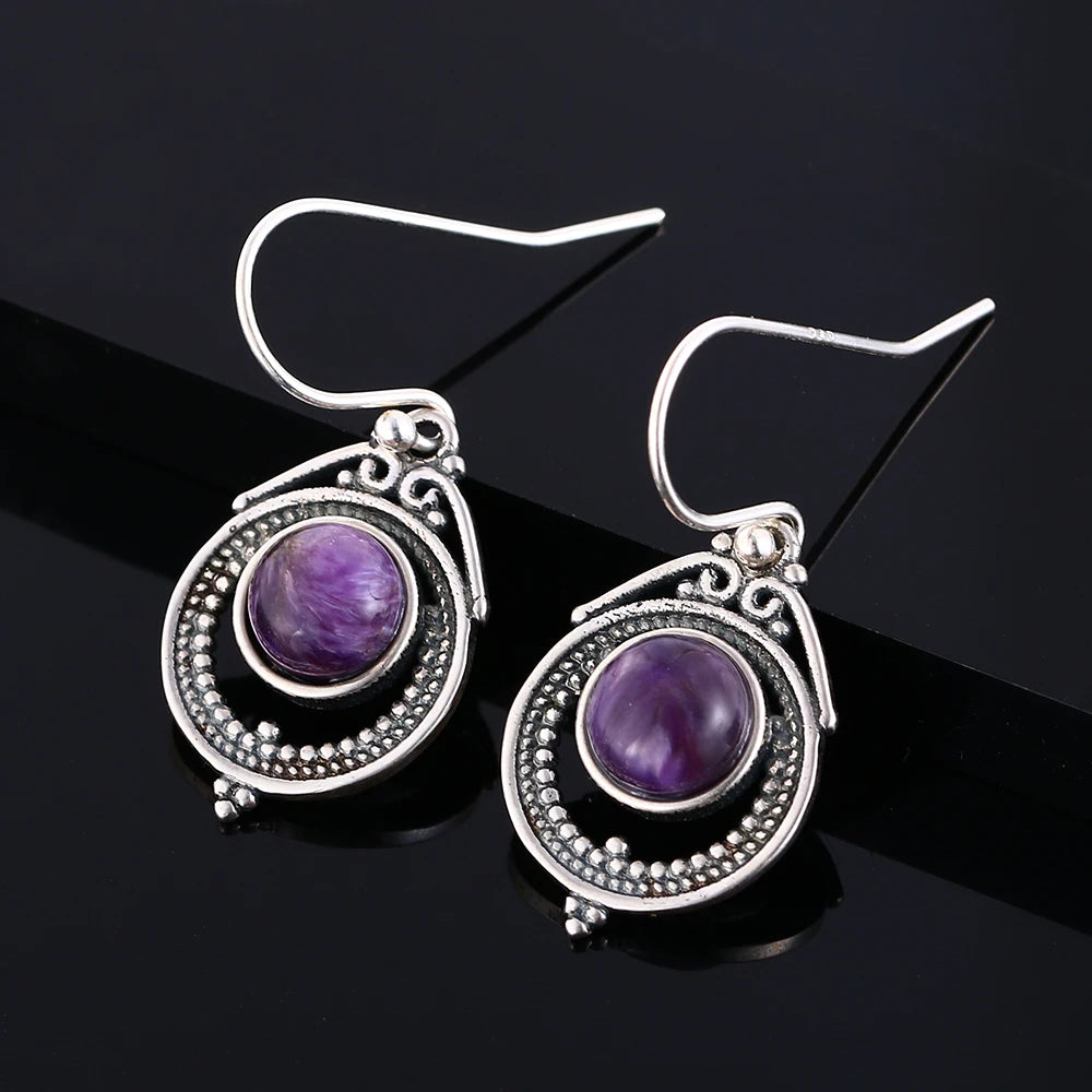 7x7MM Round Charoite Drop Earrings 925 Silver Vintage Jewelry