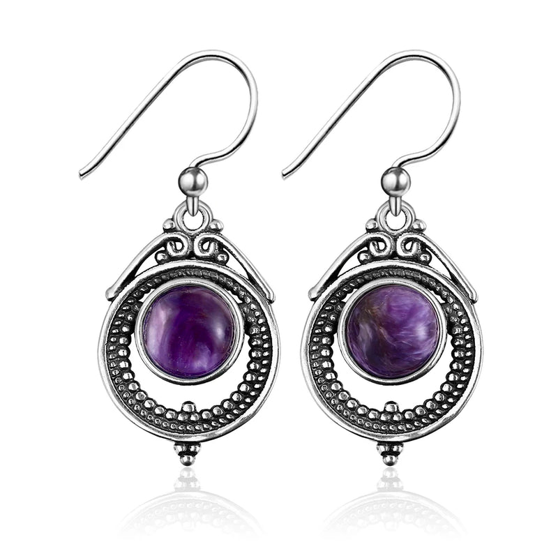 7x7MM Round Charoite Drop Earrings 925 Silver Vintage Jewelry