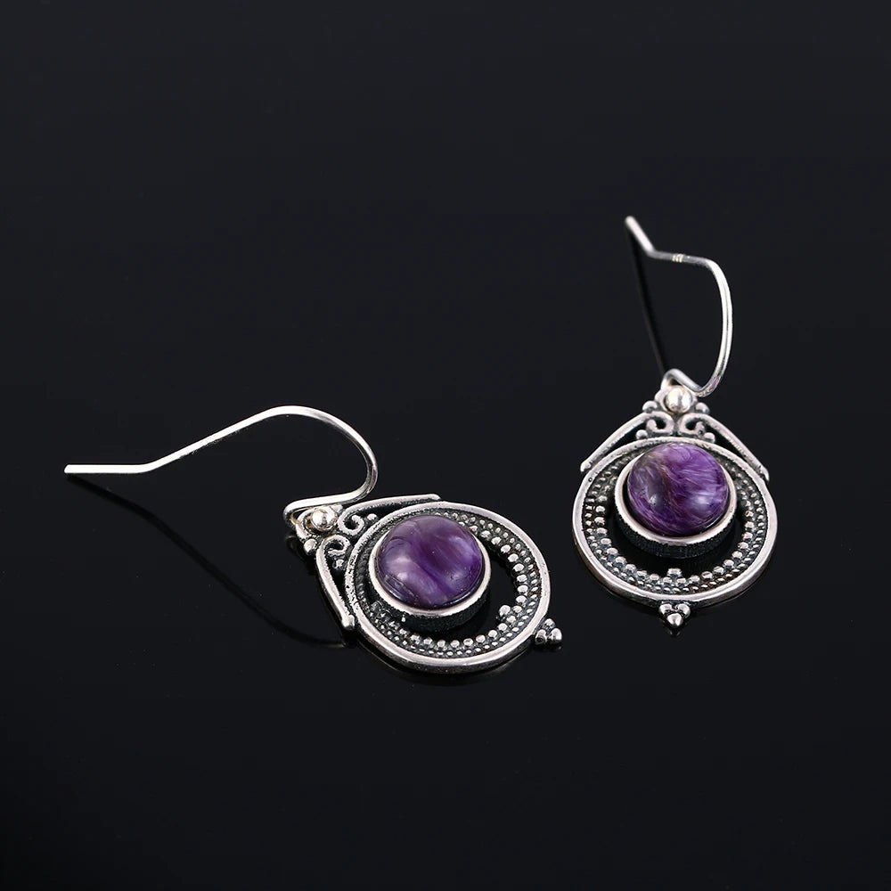7x7MM Round Charoite Drop Earrings 925 Silver Vintage Jewelry