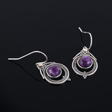 7x7MM Round Charoite Drop Earrings 925 Silver Vintage Jewelry