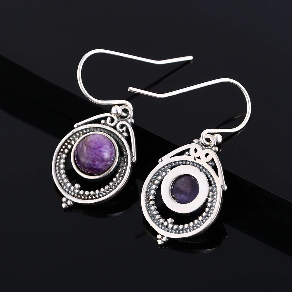 7x7MM Round Charoite Drop Earrings 925 Silver Vintage Jewelry