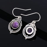 7x7MM Round Charoite Drop Earrings 925 Silver Vintage Jewelry