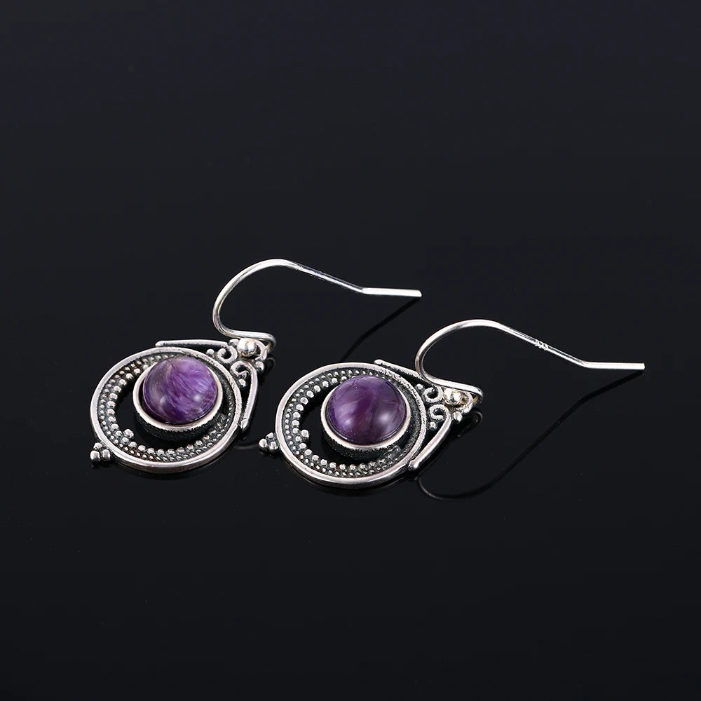 7x7MM Round Charoite Drop Earrings 925 Silver Vintage Jewelry