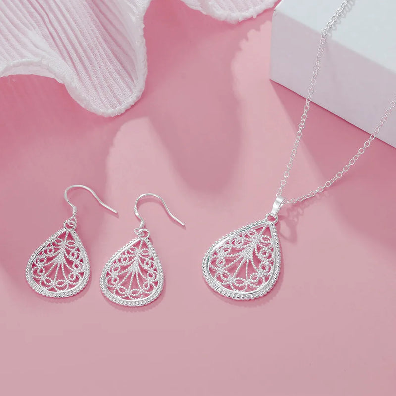 925 Silver Teardrop Earrings Necklace Set Wedding Gift