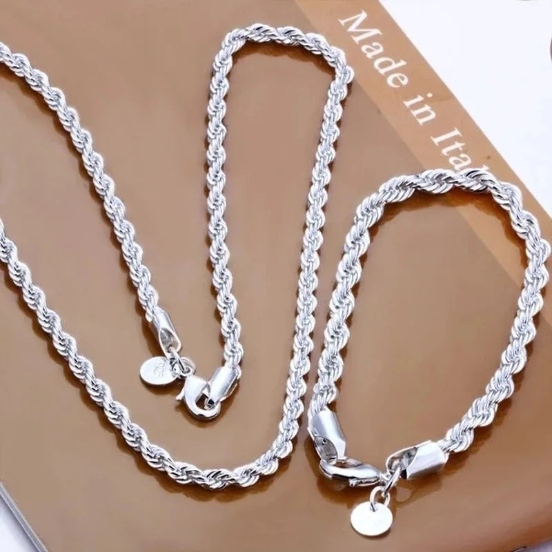 925 Sterling Silver 4MM Rope Chain Necklace Bracelet Set