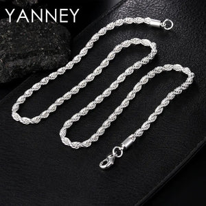 925 Sterling Silver 4MM Rope Chain Necklace Bracelet Set