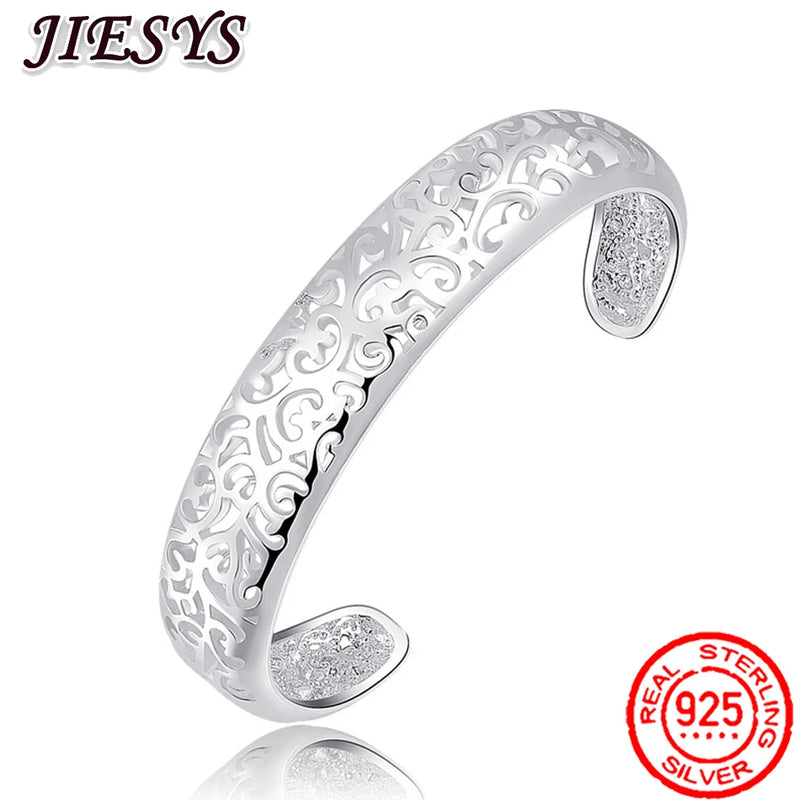 925 Sterling Silver Bracelet Hollow Pattern Bangle Women Jewelry
