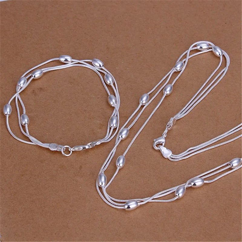 925 Sterling Silver Bracelets Necklace Set Oval Beads Chain 18 Inch Gift