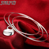 925 Sterling Silver Circle Triple Ring Bangle Heart Charm Bracelet