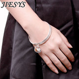 925 Sterling Silver Circle Triple Ring Bangle Heart Charm Bracelet