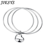 925 Sterling Silver Circle Triple Ring Bangle Heart Charm Bracelet