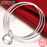 925 Sterling Silver Circle Triple Ring Bangle Heart Charm Bracelet