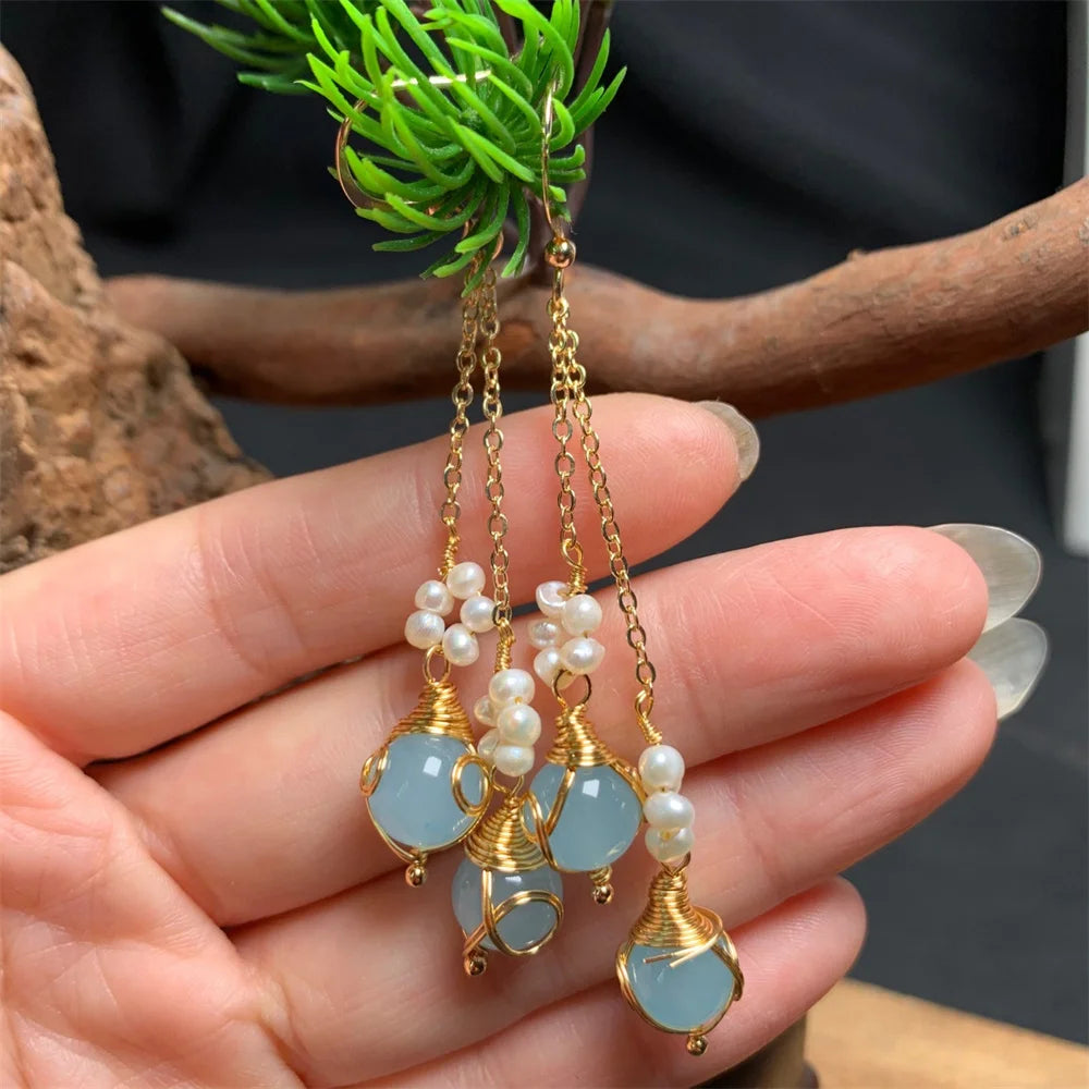 Vintage Chinese Jade Pearl Tassel Drop Earrings